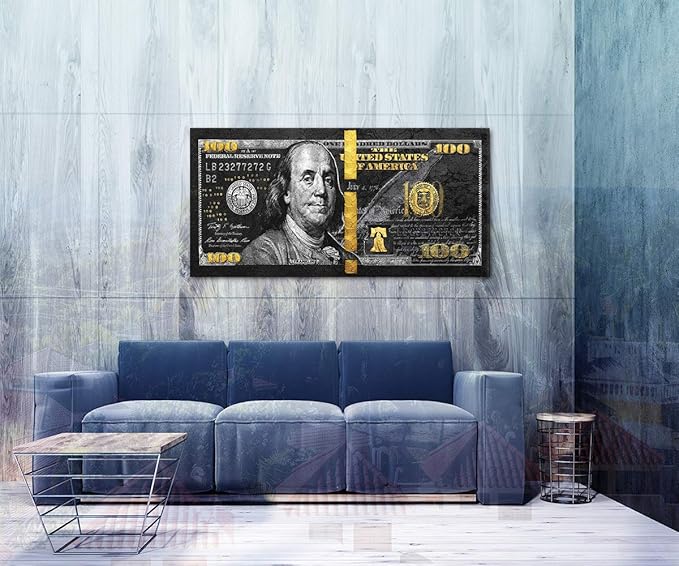 100 Money Wall Art Black Gold Dollars Bill Canvas Paintings Posters and Posters Inspirational Wall Pictures for Bathroom Guest Room Game Room Wall Hang Large Size Wooden Framed Art Print-48 Wx24 H