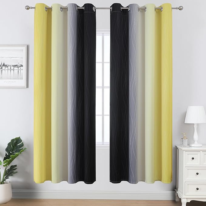 Estelar Textiler Black and Yellow Blackout Curtains for Living Room, Full Room Darkening Grommet Ombre Curtains for Bedroom, Thermal Insulated Light Blocking Gradient Drapes, 52Wx72L, 2 Panels