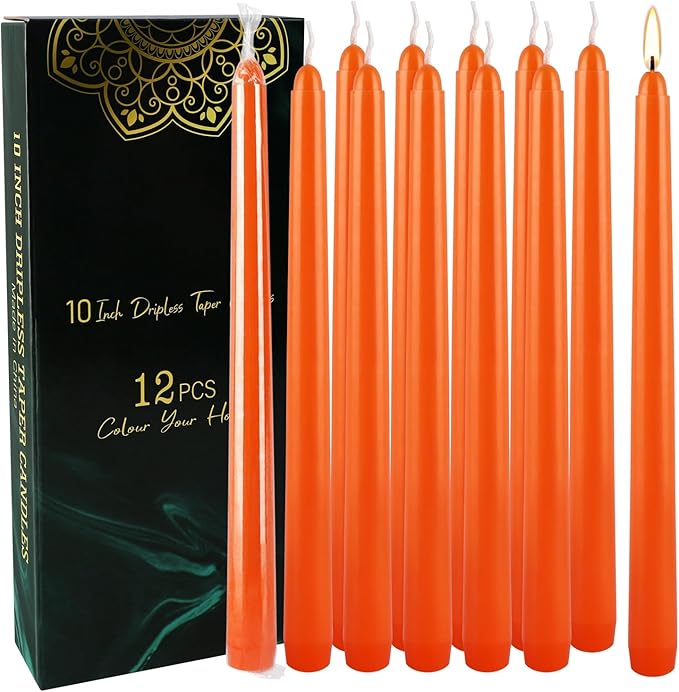 12-Pack Orange Taper Candles - 10 Inch Unscented Dripless Candlesticks, Long Burning for Halloween, Thanksgiving, Fall Decor & Dinner Parties
