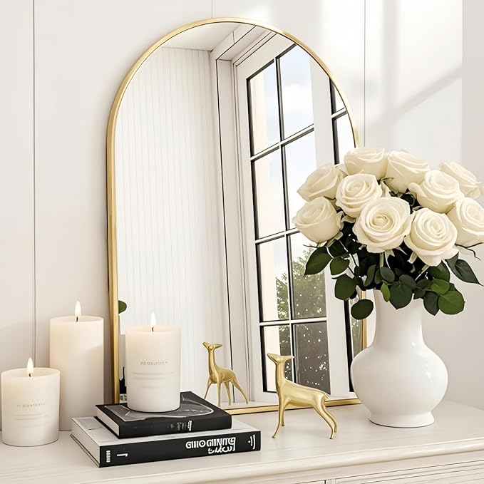 Arched Wall-Mounted Mirror, 24"x36" Arch Bathroom Mirror, Gold Vanity Mirror for Wall Décor, Wall Mirror with Metal Frame for Bedroom, Entryway, Living Room, Brushed Gold