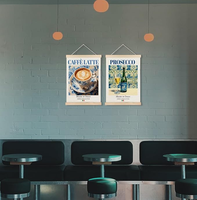 Yomisex Italy Caffè Latte Prosecco Wall Art Poster, Traditional Italian Beverage on Maiolica Tiles Canvas Prints Wall Art Framed for Kitchen Coffee and Wine Bar Decor, 12x16 Inch Set of 2