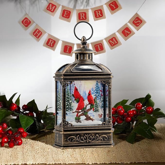 Christmas Snow Globe Water Glittering Cardinal with Music, USB Lined/Battery Operated Lighted Lantern for Christmas Festival Decoration Gifts