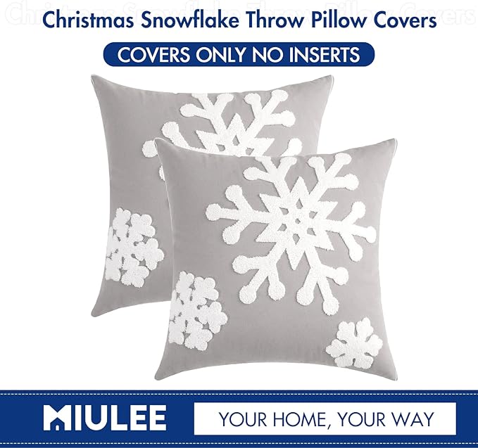 MIULEE Pack of 2 Christmas Decorative Snowflake Throw Pillow Covers Canvas Embroidery Winter Cushion Cases Holiday Decor Soft Pillowcases for Winter Couch Sofa Bedroom Car(Grey, 20x20in)