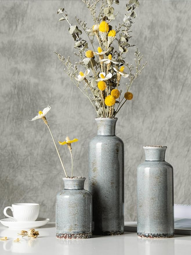 CwlwGO- Ceramic Rustic Vintage Blue Vase, Suitable for Home Decoration, 3 Piece Set of Glazed Decorative Vases, Kitchen, Bedroom.Living Room Table,Shelf Decorations.
