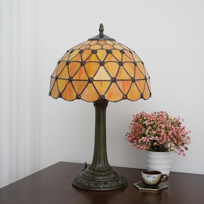 Tiffany Style Stained Glass Table Lamp Handmade Orange Tea Beads 12 Inch Warm Light Bedside Lamp For Bedroom Dorm Offee Shop Reading Study Home Decor Art Gift Retro Atmosphere Lighting Nightstand Lamp
