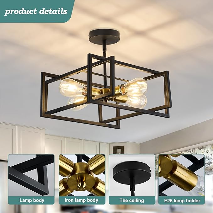 ZGLAOJT 4-Lights Close to Ceiling Light Black and Gold Light Fixture Industrial Flush Mount Ceiling Light Farmhouse Chandelier Lighting for Kitchen Island Dining Room Bedroom Foyer Hallway.