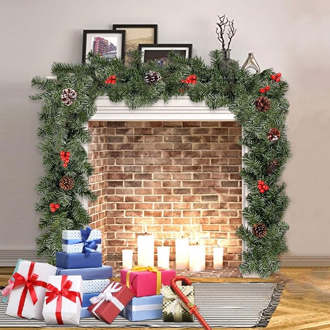 10FT Christmas Garland with 50 LED Lights - Pre-lit Outdoor Xmas Garland - Battery Powered Waterproof String Light with Timer - Pine Garland with Red Berries Snow Pine Cones - 10 Foot by 10 Inch