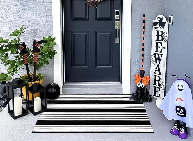 OJIA Fall Front Door Mats Outdoor 27.5x43 Inches, Black and White Outdoor Rugs Cotton Woven Front Door Rug Machine Washable Layered Doormats for Porch/Farmhouse/Kitchen/Entryway/Patio