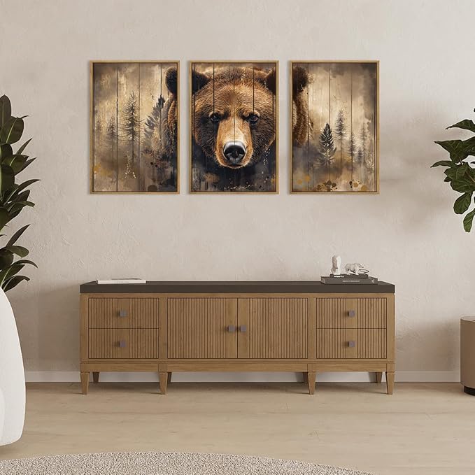 ANHUIB Brown Bear Wall Art 16x24 Inch Forest Paintings Rustic Wildlife Wall Decor Set of 3 for Living Room Bedroom Dining Room