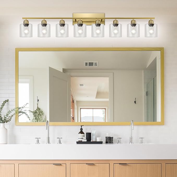 8 Light Bathroom Light Fixtures Gold, Brushed Gold Vanity Lights for Bathroom with Clear Glass, 51 inch Wall Sconce for Oversized Mirrors Living Room Bedroom Hallway E26 Base