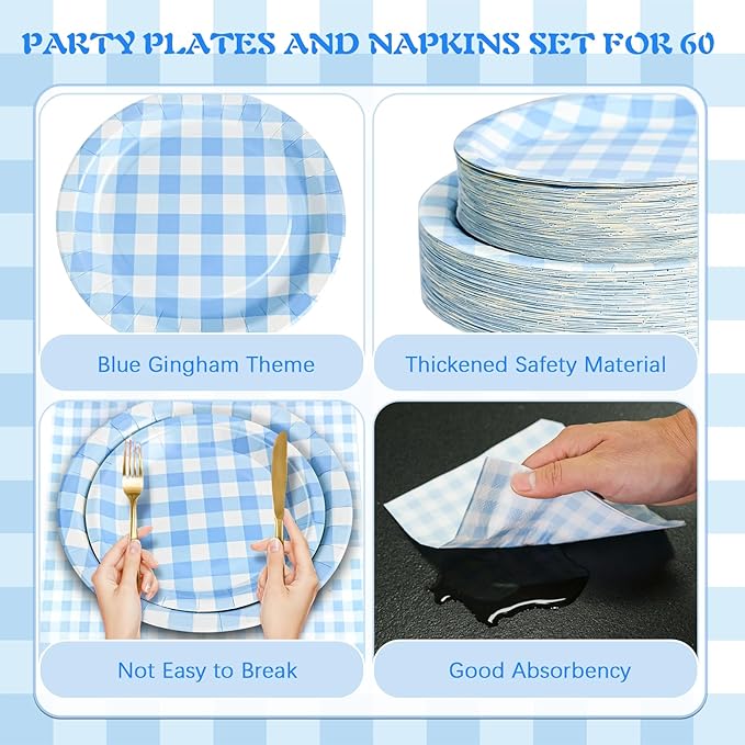 180Pcs Blue Gingham Party Supplies Paper Plates and Napkins Serve 60 Disposable Tableware Set for Birthday Party Decorations Game Day Family School Holiday Sports Events