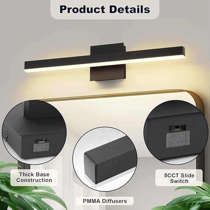 Joossnwell Vanity Light for Bathroom Lighting Fixtures Over Mirror 23.62 Inch Dimmable 5CCT Modern Vanity Lights Black Bathroom Light Bar Bath Wall Sconce ETL Certificated