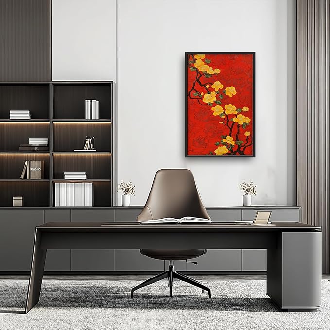 Lovira Yellow Plum Bossom Large Wall Art Traditional Asian Floral Red Canvas Wall Decor Pictures Prints Painting Framed Home Vertical Artwork for Living Room Bedroom Bathroom Kitchen 24"x36"