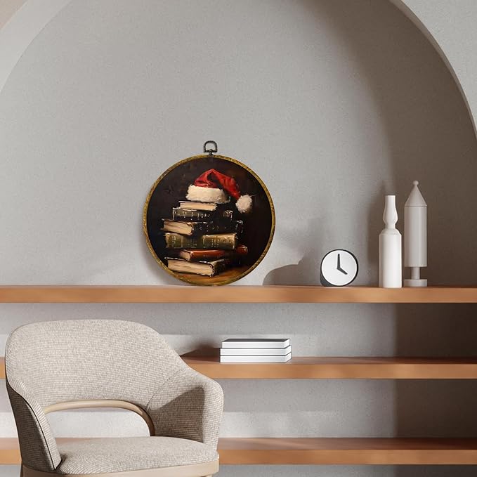 CUANFDDSF Vintage Christmas Book Round Wall Art Decor, Dark Moody Reading Bookish Wall Hanging Frame Decor, Antique Christmas Holiday Canvas Prints Decorations for Reading Room Library, 10x10 Inch