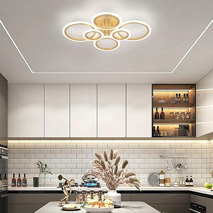 Modern LED Ceiling Light, Gold 6 Rings Flush Mount Ceiling Light, 4000K Lighting Fixture Ceiling Lamp for Kitchen, Bedroom, Living Room, Laundry Room