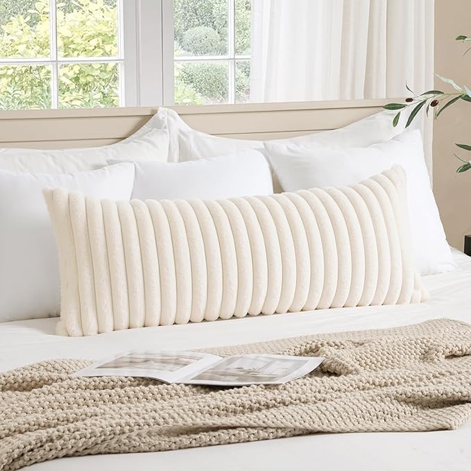 MIULEE 1 Piece Faux Fur Lumbar Decorative Throw Pillow Covers 14x36 Inch, Modern Spring Home Decor Soft Plush Couch Pillows Cozy Fluffy Cushion Covers for Sofa Bed Beige
