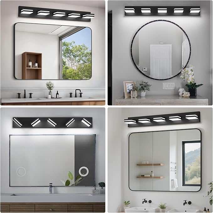 Modern LED Bathroom Lights Fixtures(5-Light),Metal Black Acrylic Wall Lighting,Vanity Lights for Bathroom Over Mirror(6000k 34In