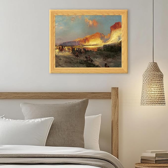 Brivoria Framed Canvas Wall Art Vintage Decor, Romantic Autumn Western Scene with Horse Riders, Red Rock Canyon and Golden Sunset Light for Hallway Reading Nook or Rustic Frontier Display, 13"x16"