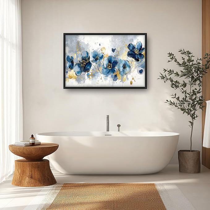 Extra Large Framed Abstract Blue Flower Wall Art,Oversized Golden Grey Floral Wall Decor Pictures for Living Room,Canvas Print Painting Modern Artwork Bedroom Office Bathroom Home Decor 36L" x 24W"