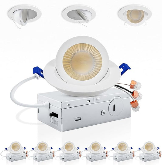 Adetu 3 Inch 5CCT Gimbal Led Recessed Lighting with Junction Box, 2700K/3000K/3500K/4000K/5000K Selectable, 7W Eqv 80W, 360°+90° Adjustable Recessed Lights, 800LM Brightness - ETL (White, 6 Pack)