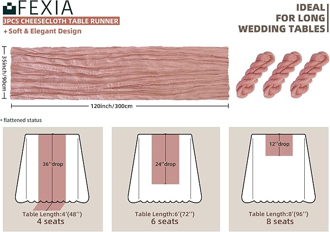 FEXIA 3 Pack Rose Pink Table Runner 35x120 Inches for Baby Shower Decoration Spring Easter Table Runner for Wedding Party First Communion Centerpiece Engagement Bridal Shower Boho Decoration
