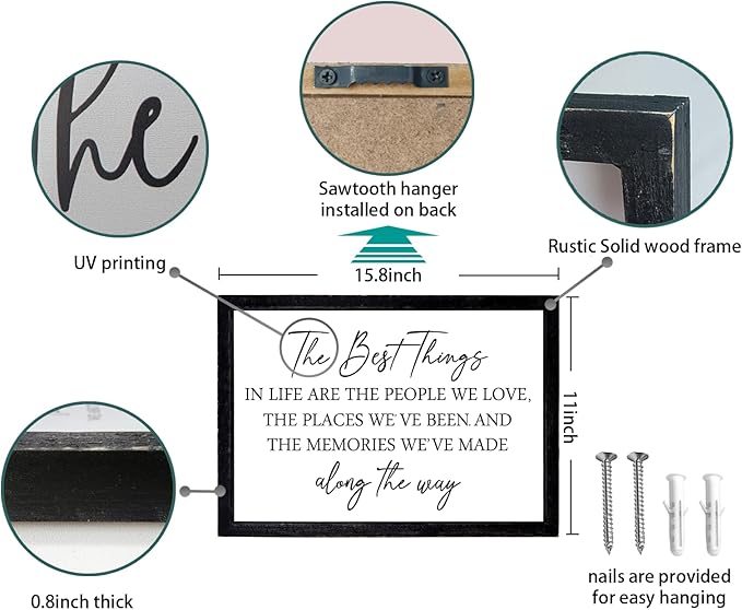Comurdyo The Best Things in Life Sign 15.7''×11'' Framed Wood Memories Inspirational Quotes Wall Decor Vintage Farmhouse Wedding Gifts Sign Wall Art for family Home Bedroom (Black White)
