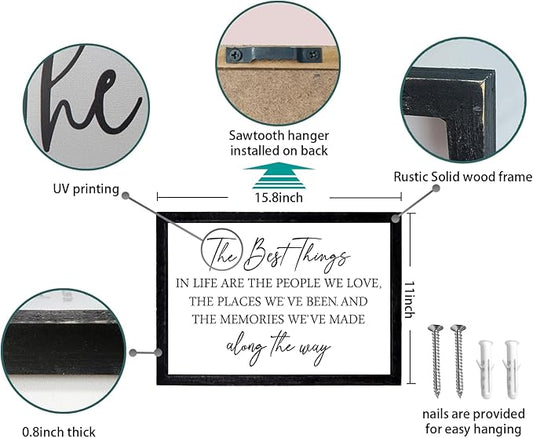 Comurdyo The Best Things in Life Sign 15.7''×11'' Framed Wood Memories Inspirational Quotes Wall Decor Vintage Farmhouse Wedding Gifts Sign Wall Art for family Home Bedroom (Black White)