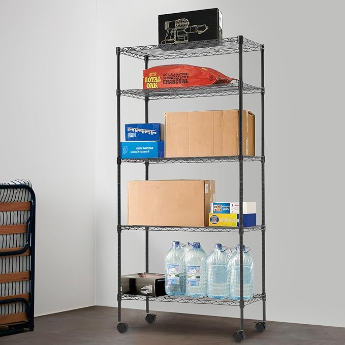 PayLessHere | 5-Tier Wire Shelf with Wheels | 14"x30"x60" | Black | Adjustable Racks | Heavy-Duty Storage Shelves, Holds Upto 220 lbs | Rust-Resistant, No-Tool Assembly | for Home, Garage Shelving