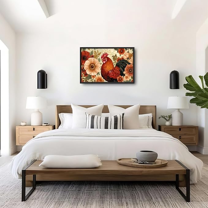 Lovira Farmhouse Rooster Large Wall Art Rustic Country Farm Chicken Floral Canvas Wall Decor Pictures Prints Painting Framed Artwork for Living Room Bedroom Bathroom Kitchen 24"x36"