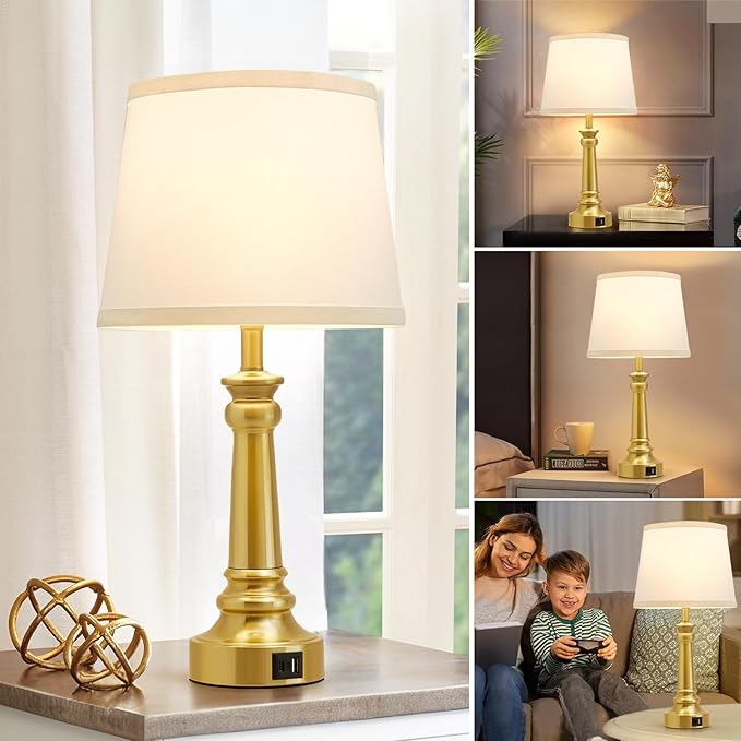 Touch Lamps for Nightstand Set of 2 - Gold Table Lamp for Bedroom 3 Way Dimmable Bedside Lamps with USB C+A Ports - Lamps for Night Stands Living Room End Table,2 LED Bulbs Included
