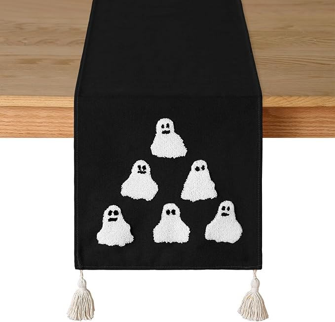 Breling Halloween Ghost Table Runner Jacquard Cute Ghost Halloween Dinner Table Runner Fall Autumn Kitchen Dining Decoration for Kitchen Farmhouse Party Holiday Home Decor 13x72 Inch(Black)