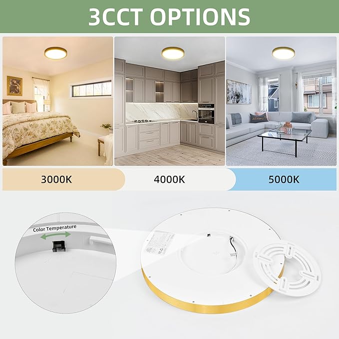 hykolity 12 Inch Selectable CCT LED Round Flat Panel Light, 24W 3000K/4000K/5000K, Edge-Lit Flush Mount Ceiling Light Fixture for Kitchen, Bedroom, Laundry and Closet Room,Gold