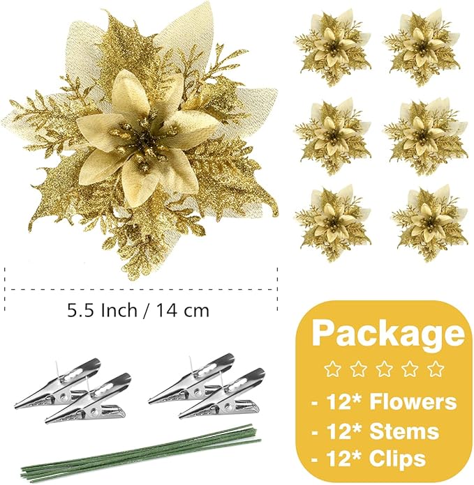 Christmas Poinsettia Artificial Flowers Decorations 5.5" Christmas Tree Wreaths Garland Decoration 12 Pcs Glitter Flowers Picks Decor for Xmas New Year Wedding Party Ornaments (Gold)