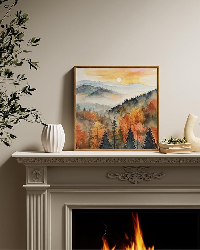 InSimSea Square Framed Canvas Wall Art, Farmhouse Nature Scenery Quiet Forest Awakening Wall Art Prints, Autumn Fall Classical Retro Home Decor for Living Room Bedroom Office 16"x16"