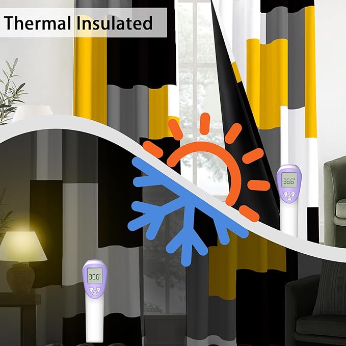 Yellow 100% Blackout Curtains for Bedroom 108 inch Extra Long 2 Panels Set Mustard Yellow Grey Modern Abstract Geometric Black Out Curtains Room Darkening Window Drapes for Living Room, 52Wx108L