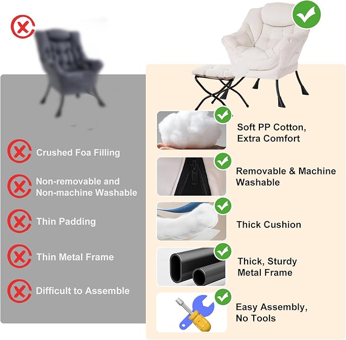 Lazy Chair with Ottoman, Modern Chair with Folding Footrest, Lounge Accent Chair, Comfortable Reading Chair, Oversized Armchairs for Bedroom, Study, Living Room, Courtyard (Beige)