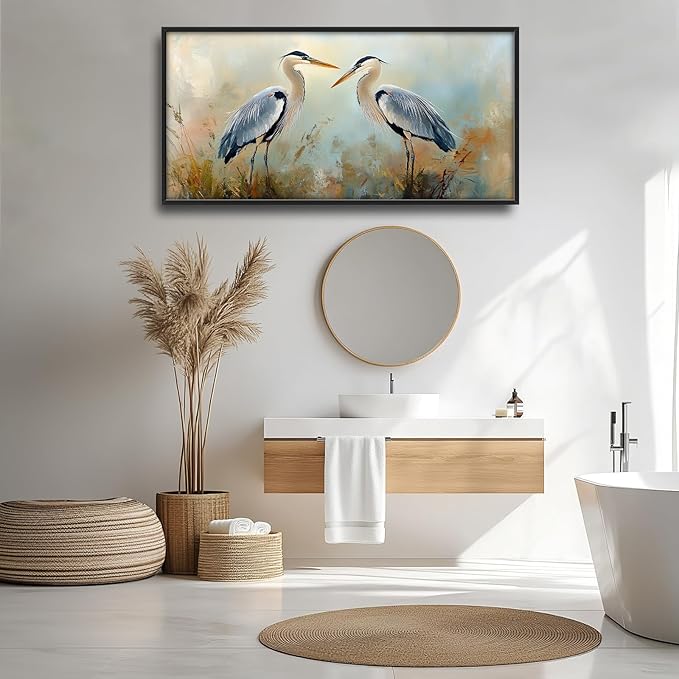 Blue Heron Framed Wall Art for Living Room, Large Birds Canvas Wall Decor, Animal Pictures Painting, Modern Artwork for Bathroom Bedroom 60L'' × 30W''