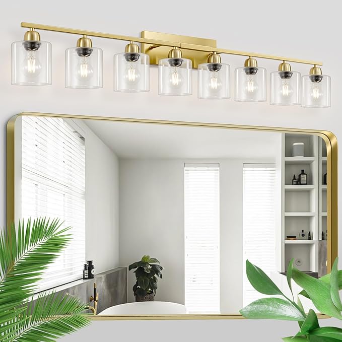 8 Light Bathroom Light Fixtures Gold, Brushed Gold Vanity Lights for Bathroom with Clear Glass, 51 inch Wall Sconce for Oversized Mirrors Living Room Bedroom Hallway E26 Base