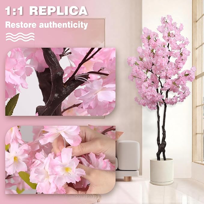 Artificial Pink Cherry Blossom Tree 6ft(72in) Tall Faux Plant Indoor Decor Handmade Japanese Sakura Tree for Wedding Realistic Cherry Plant in Pot for Home Living Room,Office,Outdoor Decor.