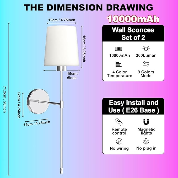 10000mAh Battery Operated Wall Sconces Set of Two, 28 Inches Long Wireless Sconces Set of 2 Wall Light with RGB Rechargeable Magnetic Bulb, Sconces Wall Decor Set of 2 for Bedroom Living Room, Silver
