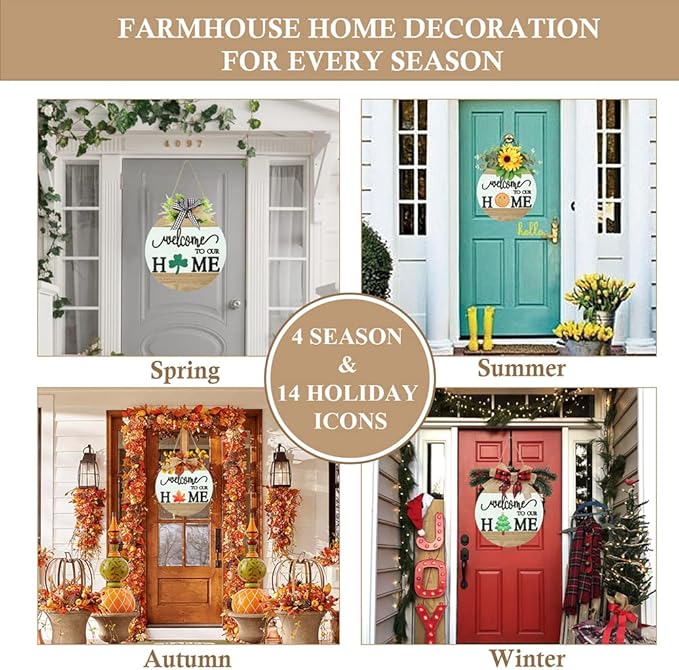 Interchangeable Welcome Sign for Front Door with 4 Seasonal Wreaths and 14 Changeable Icons, Farmhouse Front Porch Décor, Front Door Decoration, Seasonal Rustic Wooden Wall Sign home décor (7wood)