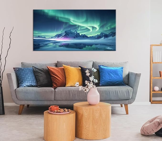 ZESTFLICKR Wall Art canvas prints Aurora Snow Mountain Lake photography Picture Modern Wall Art for romantic gifts Living Room Home Office Decor(20x40inch)