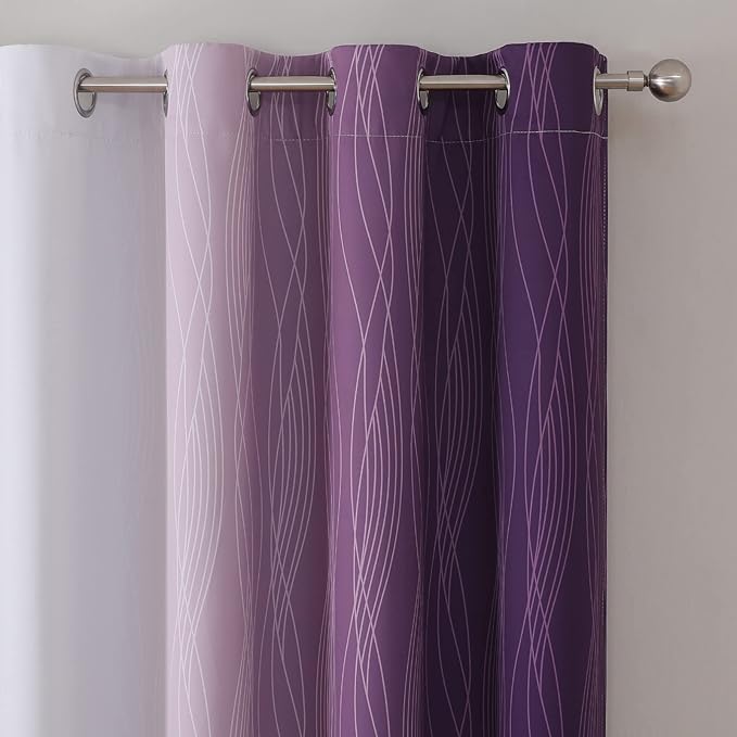 Estelar Textiler Purple and Greyish White Blackout Curtains 96 Inches Long, Full Room Darkening Grommet Curtains for Bedroom, Thermal Insulated Ombre Blackout Drapes for Living Room, 52Wx96L, 2 Panels