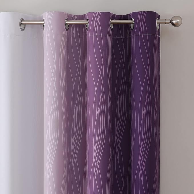 Estelar Textiler Purple and Greyish White Blackout Curtains 72 Inch Length 2 Panels Set, Room Darkening Grommet Ombre Curtains for Bedroom, Thermal Insulated Light Blocking Gradient Drapes, 52Wx72L