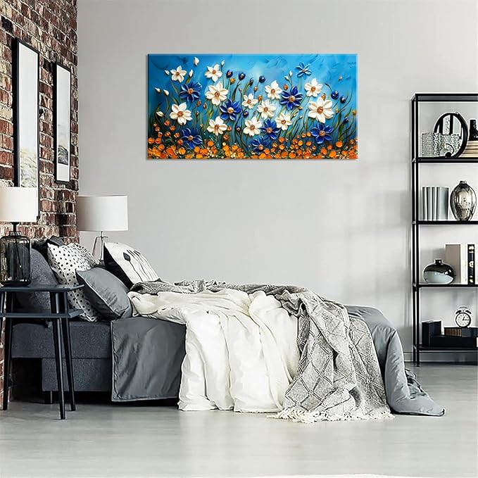 ZESTFLICKR Daisy Canvas Wall Art Daisies Flower Oil Painting Print Modern Floral Canvas Painting Artwork Nature Painting for Living Room Bedroom Home Office Kitchen Decoration (23x46 inches)