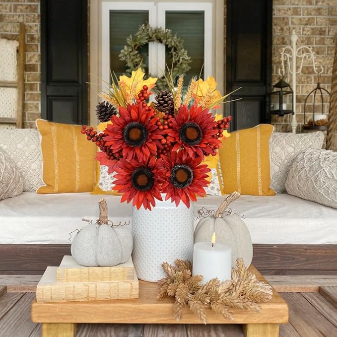 Briful Set of 2 16in Fall Burgundy Sunflower Picks and Sprays with Pinecones Berries Maple Leaves Artificial Fall Floral Branches Stems for Autumn Home Wedding Party Vase Centerpieces Decor