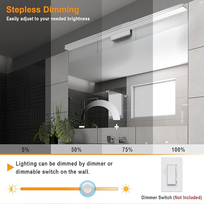 SineRise LED Modern Bathroom Vanity Light Bar (48-Inch, 3000K/4000K/6000K), Chrome Dimmable Modern Acrylic Bathroom Wall Lighting Fixtures Over Mirror