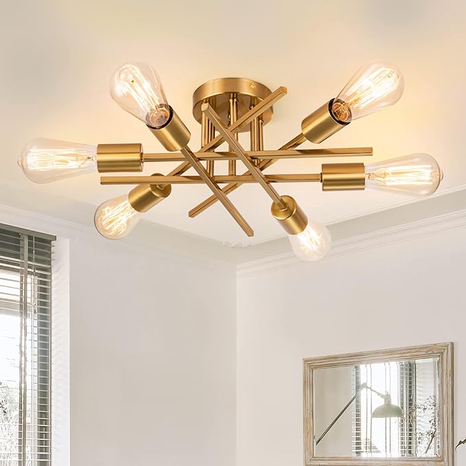 Sputnik Chandeliers, Modern Semi Flush Mount Ceiling Light with E26 Base, Mid Century Industrial Kitchen Farmhouse Light Fixtures for Bedroom Living Room (Brass, Ceiling 6 Lights)