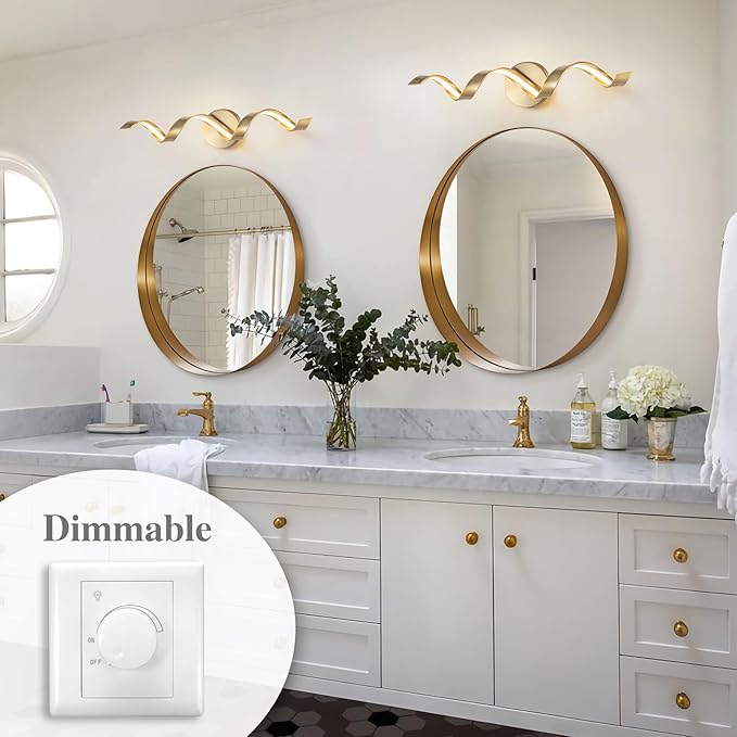 Dimmable Gold Bathroom Light Fixtures, 24 inch Spiral Design Modern LED Bathroom Vanity Lights Over Mirror, 15W Wall Light Fixtures for Living Room 3000K Warm Light