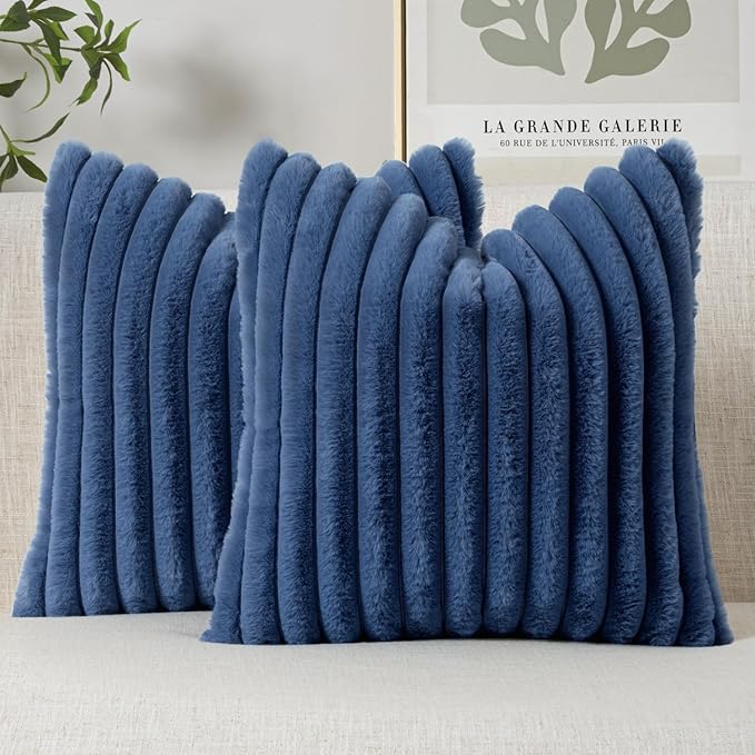 MIULEE Faux Fur Decorative Throw Pillow Covers 16x16 Inch Set of 2, Coastal Modern Art Home Decor Soft Plush Couch Pillows Cozy Fluffy Cushion Covers for Sofa Bed Navy Blue